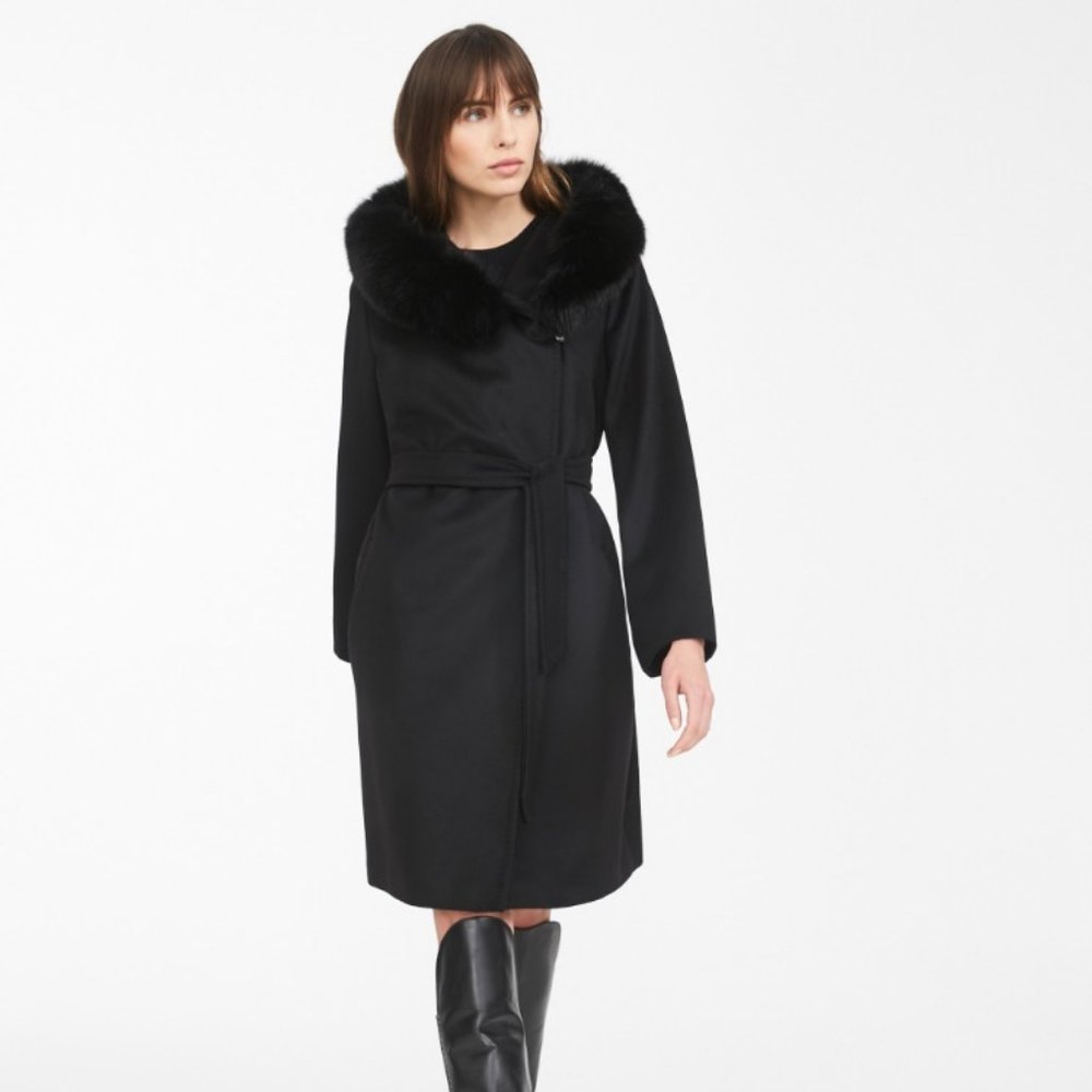 Max Mara Studio Mango Fur Trim Wool Coat, Black, US 10 / IT 46